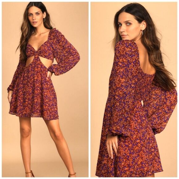 Lulu's Fall Foliage Purple Floral Print Cutout Long Sleeve Mini Dress Sz Small - Picture 1 of 14